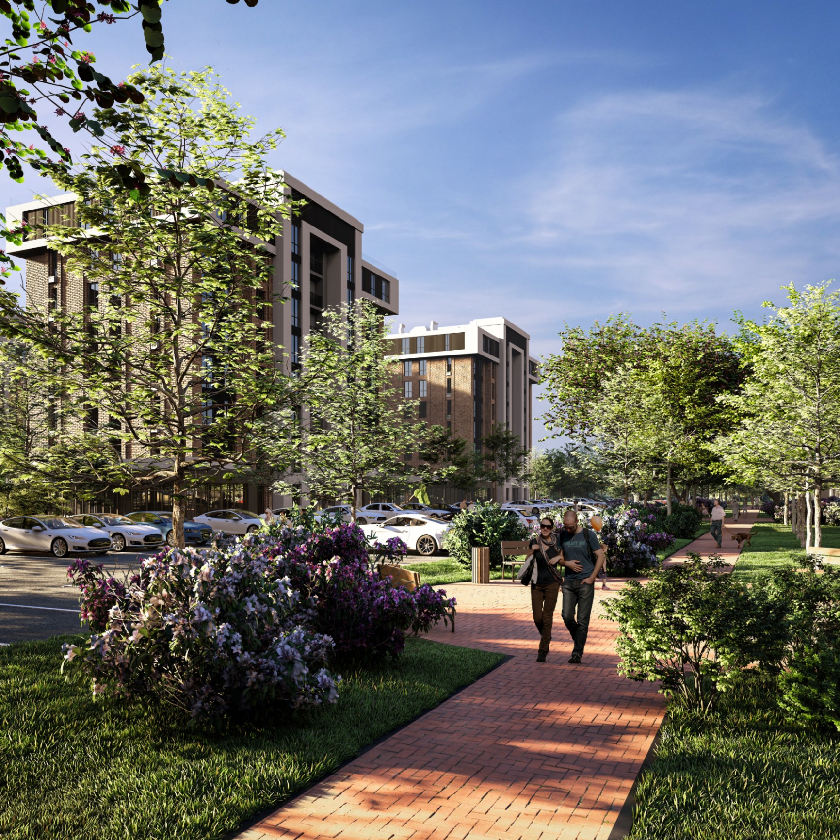Park Legrand landscaped arrival walk with residential buildings
